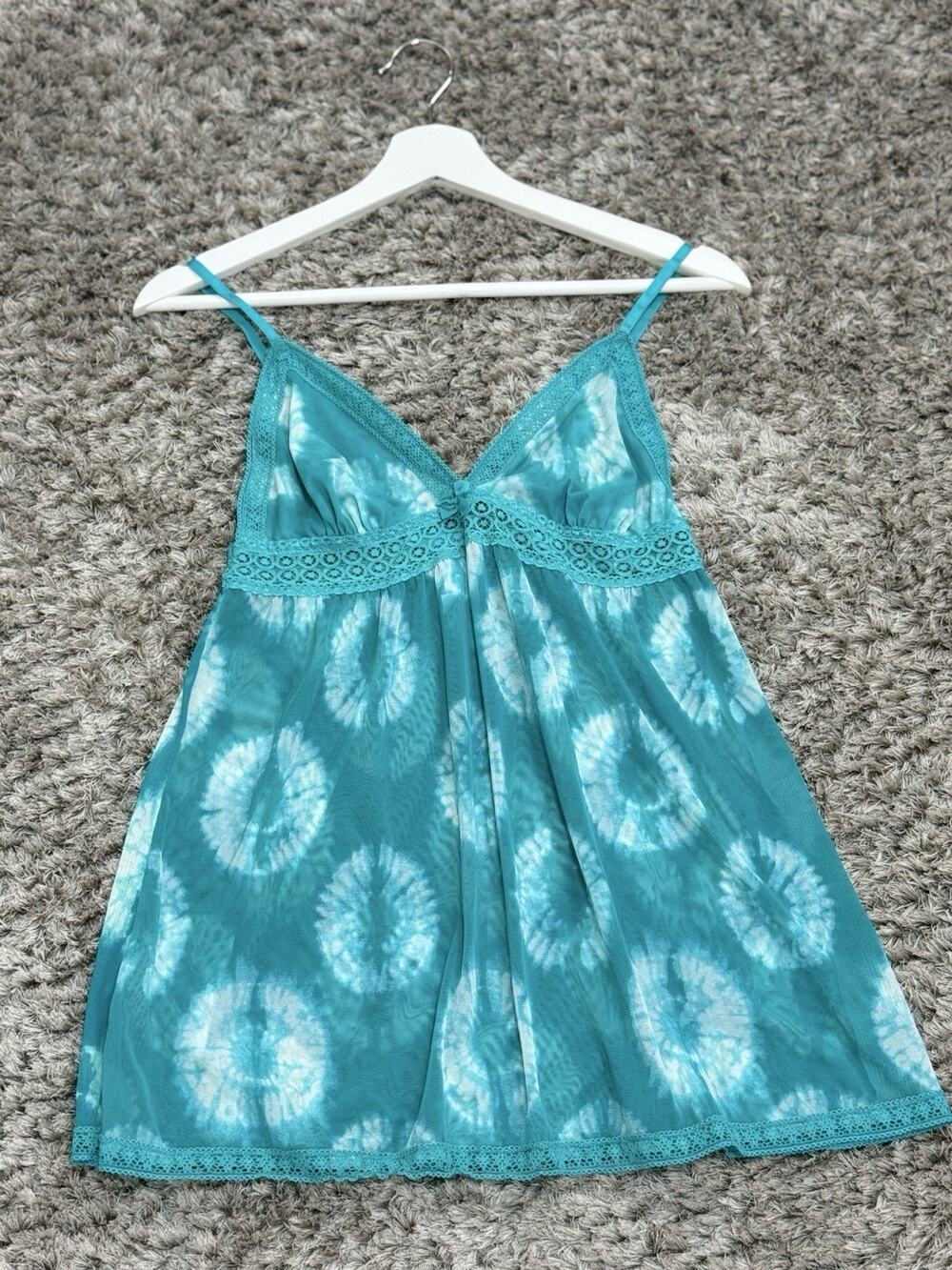 CALYPSO St Barth Size M Teal Blue Tie Dye Sheer Mesh Lace Trim Cami Sleep Top